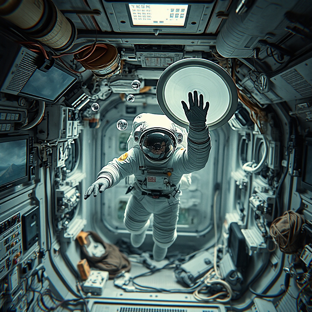 Astronaut floating inside space station module generated by FxPlor 16B